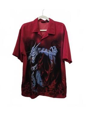 Odo Red Short Sleeve Button-Up Shirt with Blue Dragon Print Size M